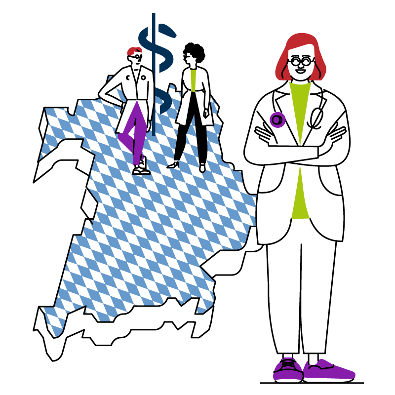 ÄrztInnen in Bayern Ärzte stehen in Front einer Bayernkarte zur leichten verständlichen Visualisierung für Einfache Sprache