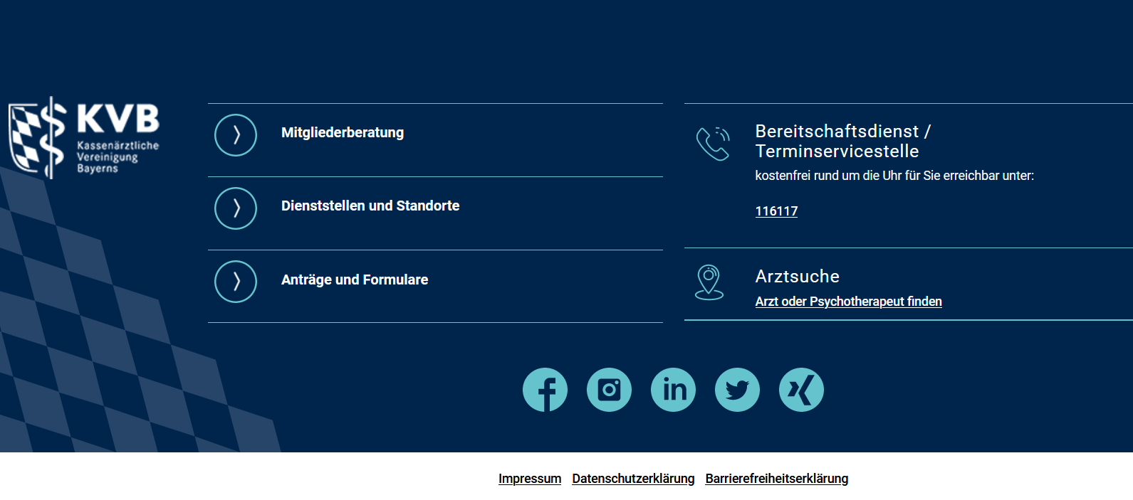 Footer der Website Footer der Website mit Logo Verlinkungen und Icons der Social Media Aktivitäten der KVB