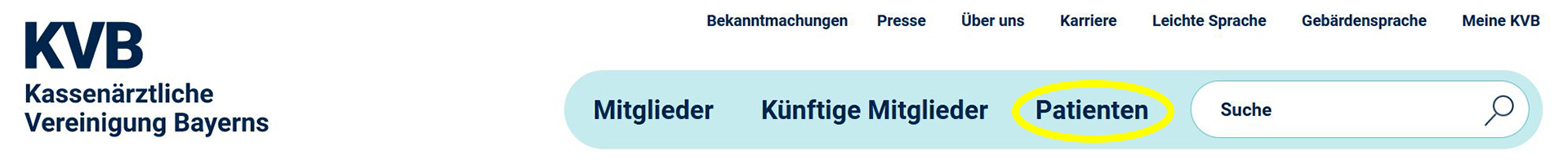 Header der KVB-Website Header der KVB-Website, die Zielgruppe Patienten ist gelb markiert