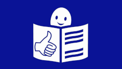 Logo Leichte Sprache Logo Leichte Sprache; Smiley, Buch und erhobener Daumen