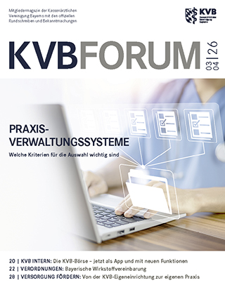 Titelseite KVB FORUM-Ausgabe 3-4/2026 Schemenhaft zu erkennender Arzt tippt in ein Notebook