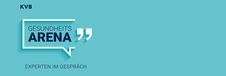 Logo des zweiwöchigen KVB-Podcasts "Gesundheitsarena" Schriftzug Gesundheitsarena in eckiger Sprechblase
